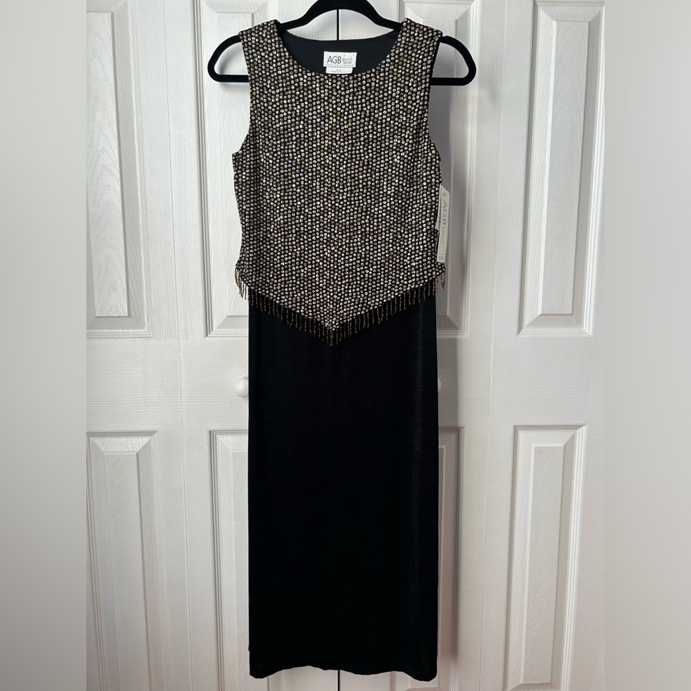 NWT vintage stretchy gold foil/tassel sleeveless shift dress - size peti…